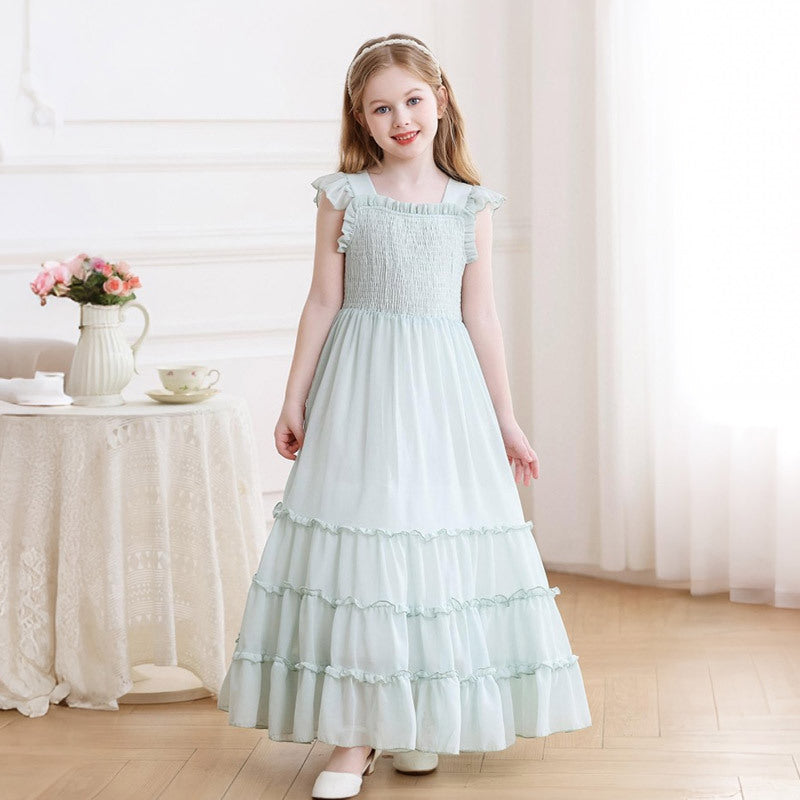 Girls' chiffon dress with ruched detail, long summer dress, ruffle shoulder straps, princess style,  new arrival, cross-border fashion for europe and america