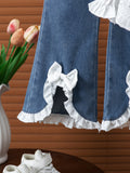 new autumn cross-border girls' fashion lace patchwork shirt + bowknot denim flare pants two-piece set