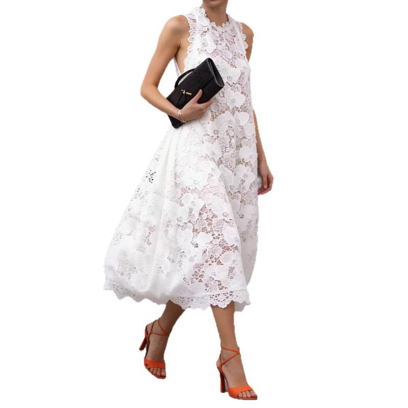 Amazon european style gentle temperament minimalist lace round neck sleeveless dress women's summer new arrival