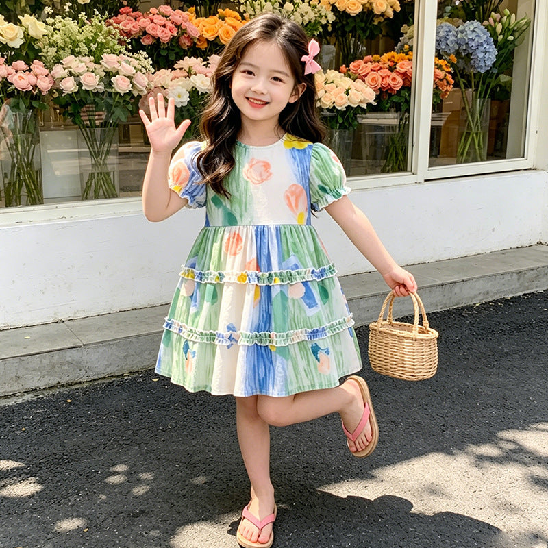 Girls' dresses  new summer collection: stylish baby princess dress, tie-dye vacation style, girls' clothing, little girl's dress
