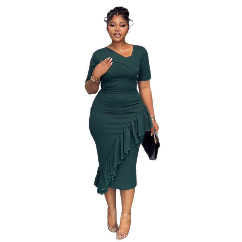 European and american women's clothing  autumn new collection: sweet and fresh asymmetrical neckline short sleeve high-waisted ruffle hem bodycon midi dress