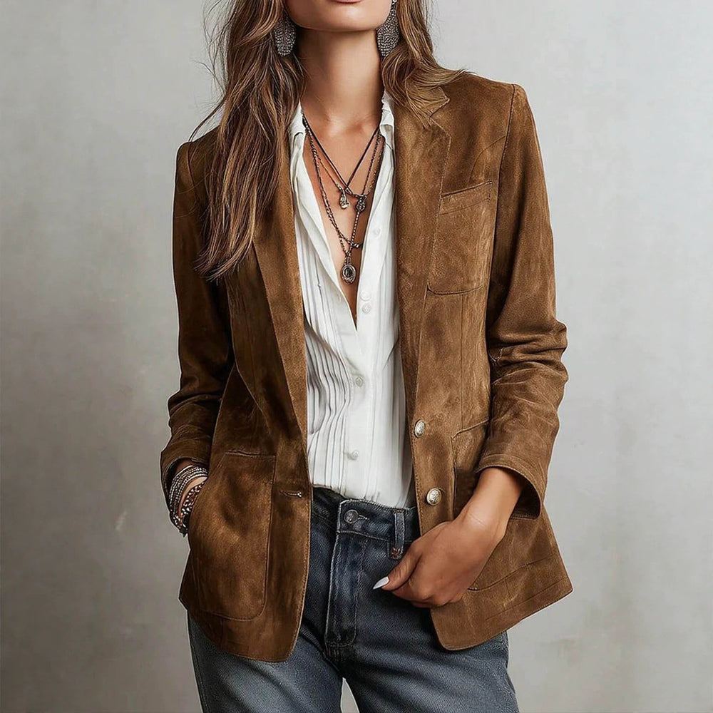 European and american cross-border retro style women's outerwear - tan textured lapel single-breasted pocket design casual blazer
