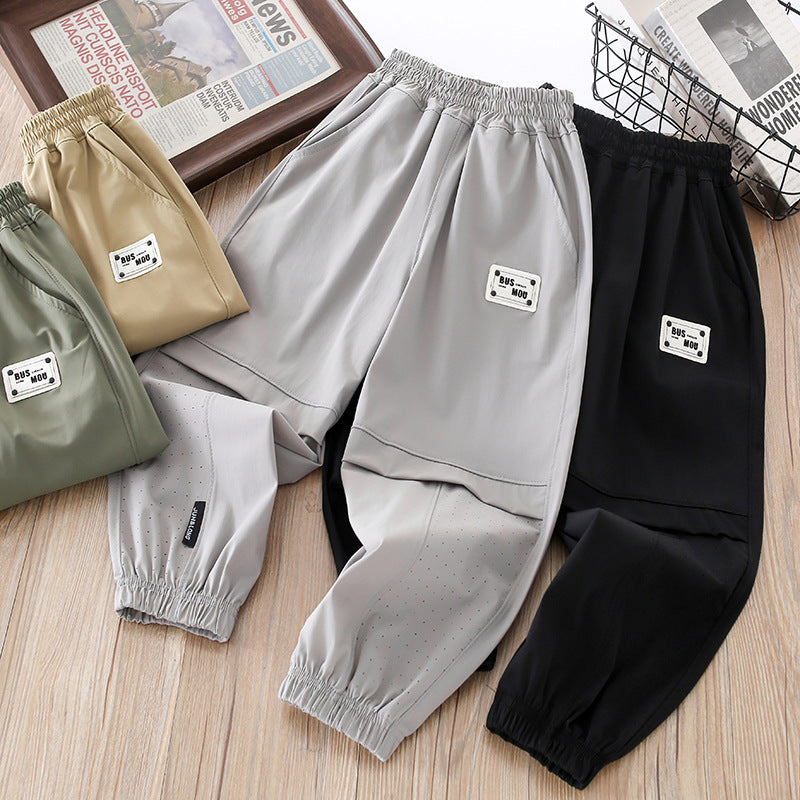 Boys' summer lightweight ice silk pants - quick-dry, mid-to-large size, casual sports trousers with elastic cuffs - mosquito-proof