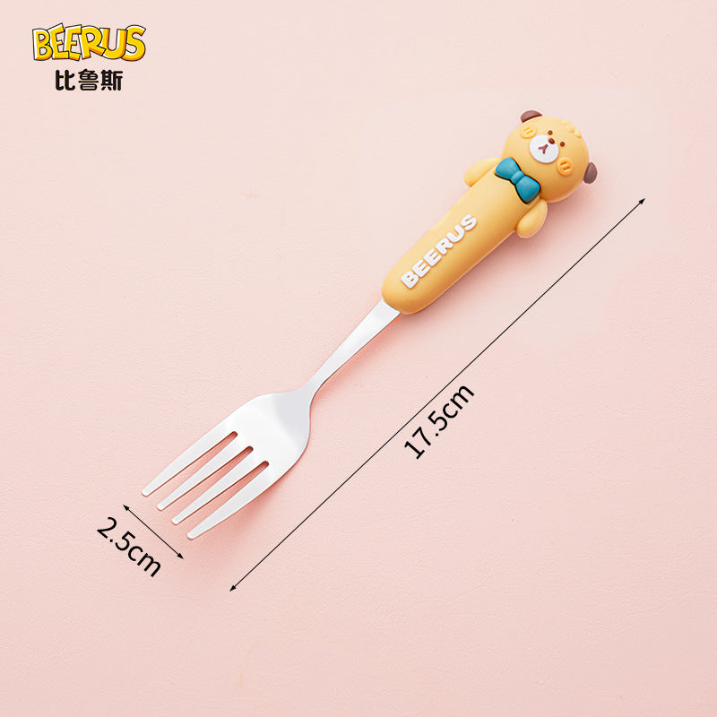 High-quality, adorable cartoon children's cutlery set featuring a cute bear design. includes a fork, spoon, and is perfect for school lunches. made of durable silicone, these portable forks and spoons are available for wholesale