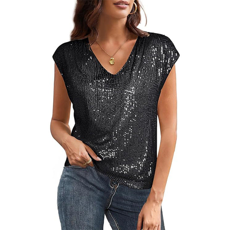 European and american cross-border summer new women's clothing  sexy v-neck sequin beaded shiny party vest t-shirt