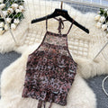 Sense of design leopard print halter suspender two-piece set women's summer sleeveless bowsrufflesbackless vacation suit