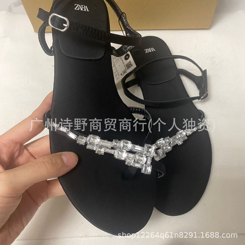 Za2024new arrival rhinestone flip-flop sandals women's summer one-word buckle strap fashioneasiest for matchflats fairy flip-flop slippers