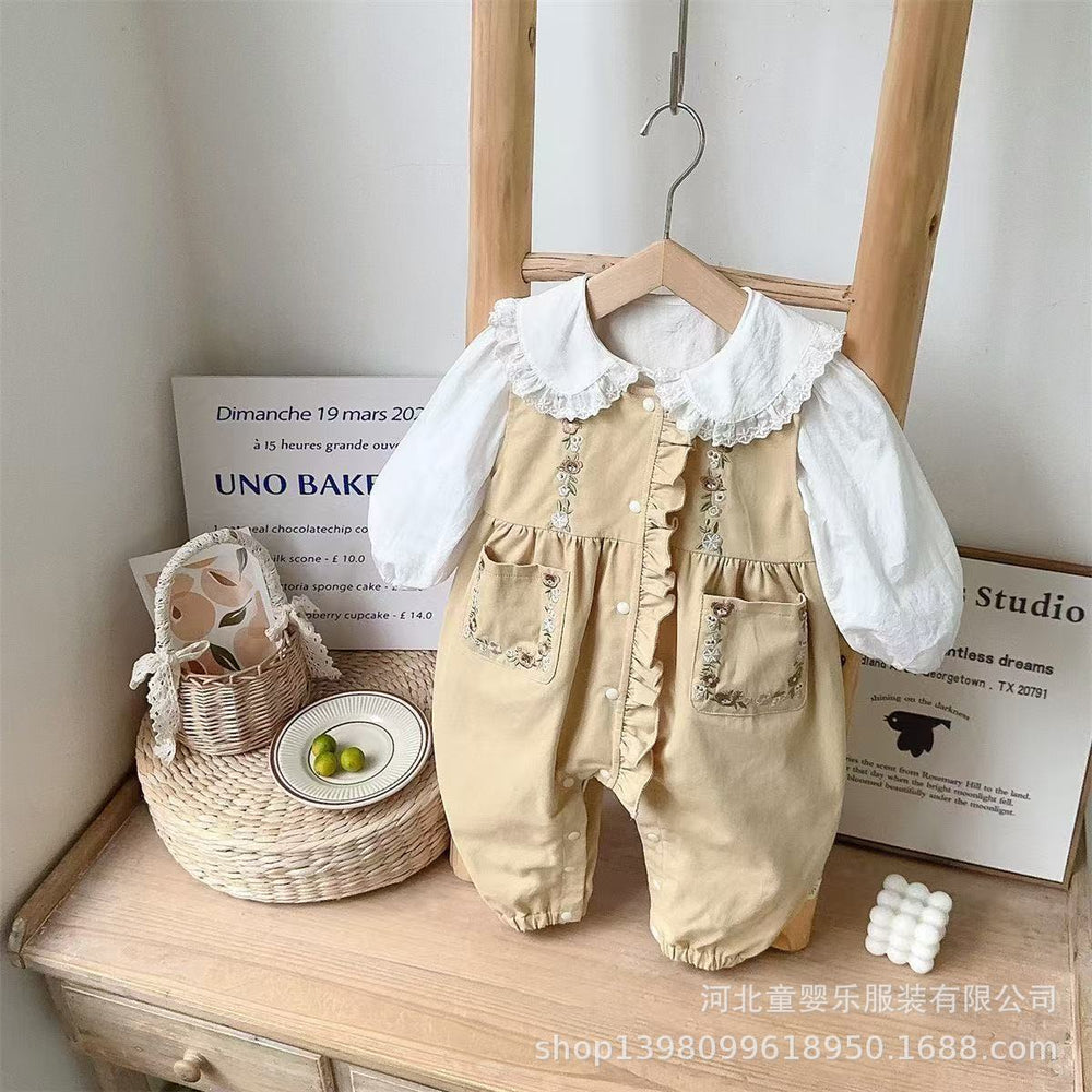 New spring collection: fresh and stylish two-piece look romper for baby girls - perfect for outdoor adventures! trendy and chic outfit for infants and toddlers, ideal for celebrating 100 days