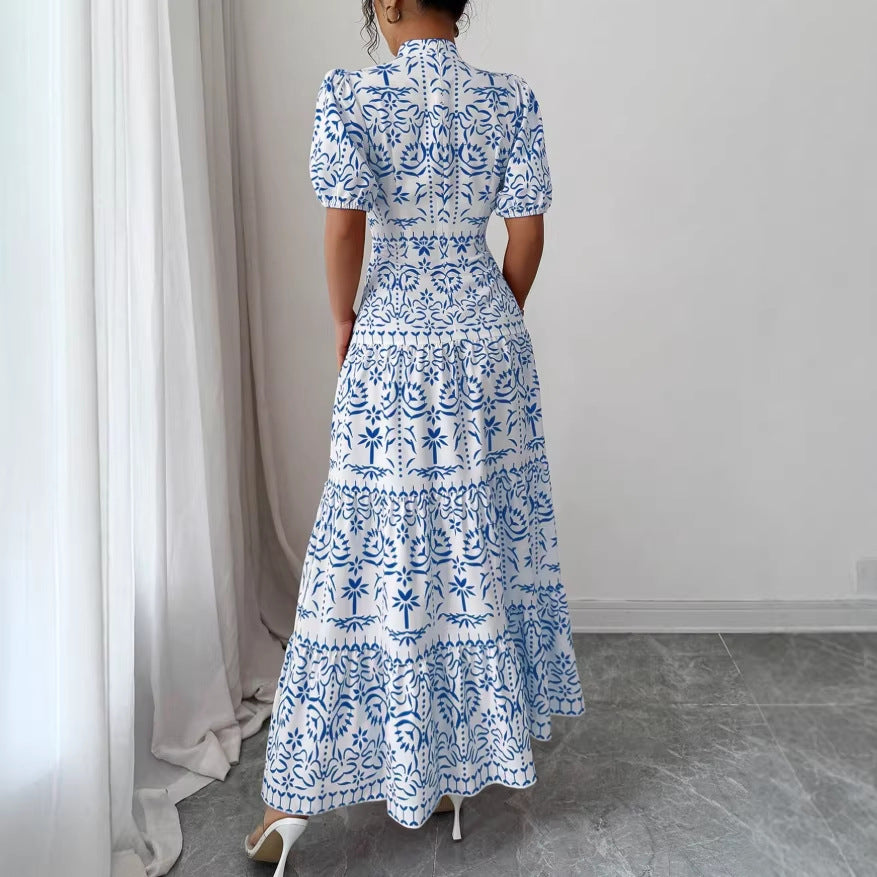 new fashion printed bubble sleeve european and american style women's dress for cross-border e-commerce
