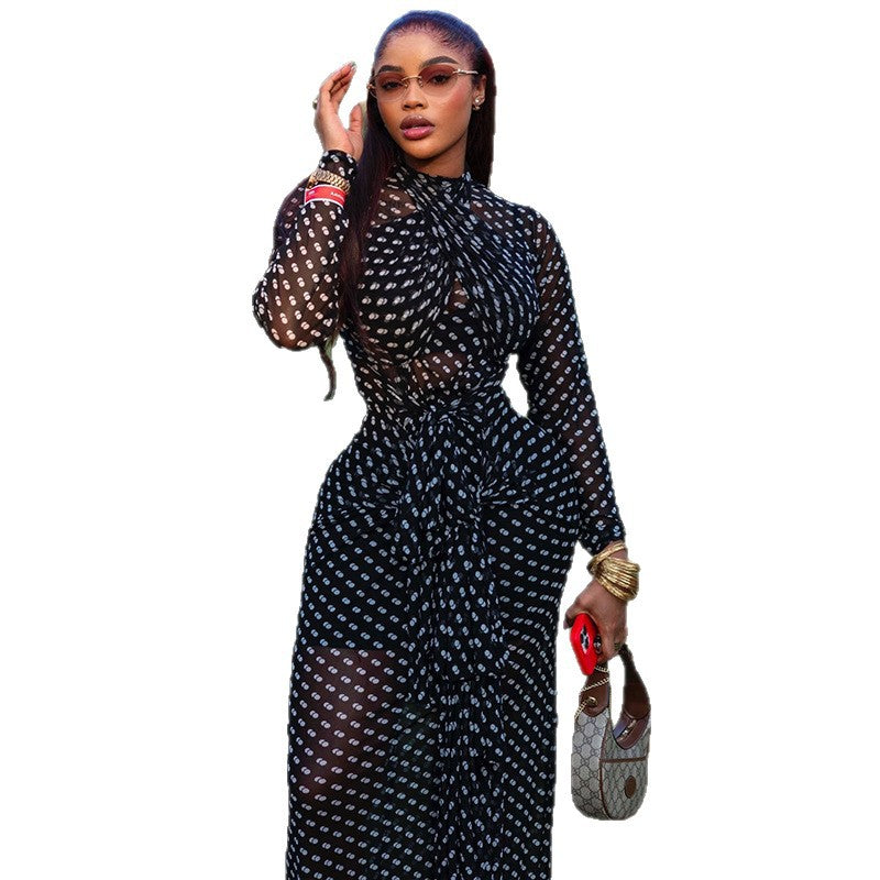 Fashion styleexport outdoor elegant women's fashion polka dot waist bag hip skirt high collar long sleeves travel tight dress