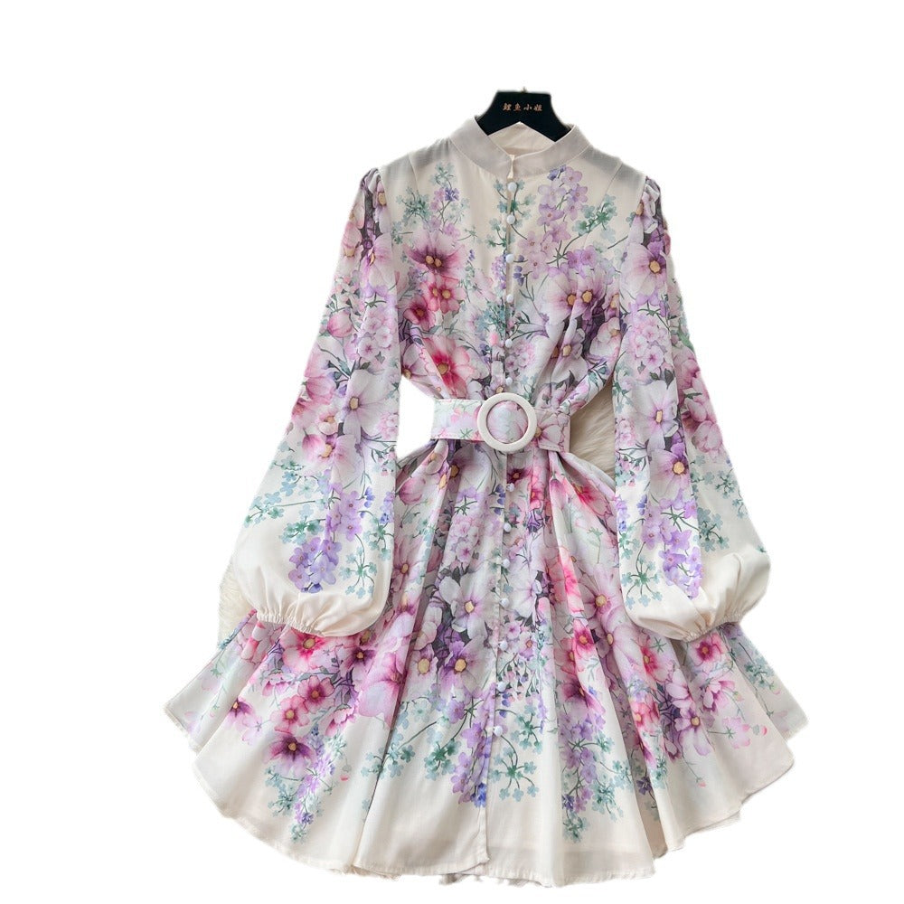 Super fairy seaside vacation v neck floral dress women's summernew arrivaltie back waist large swing pleated fairy skirt
