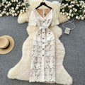 Luxury chic court style collared dress - women's summer hollow-out crochet embroidery single-breasted design exquisite maxi dress