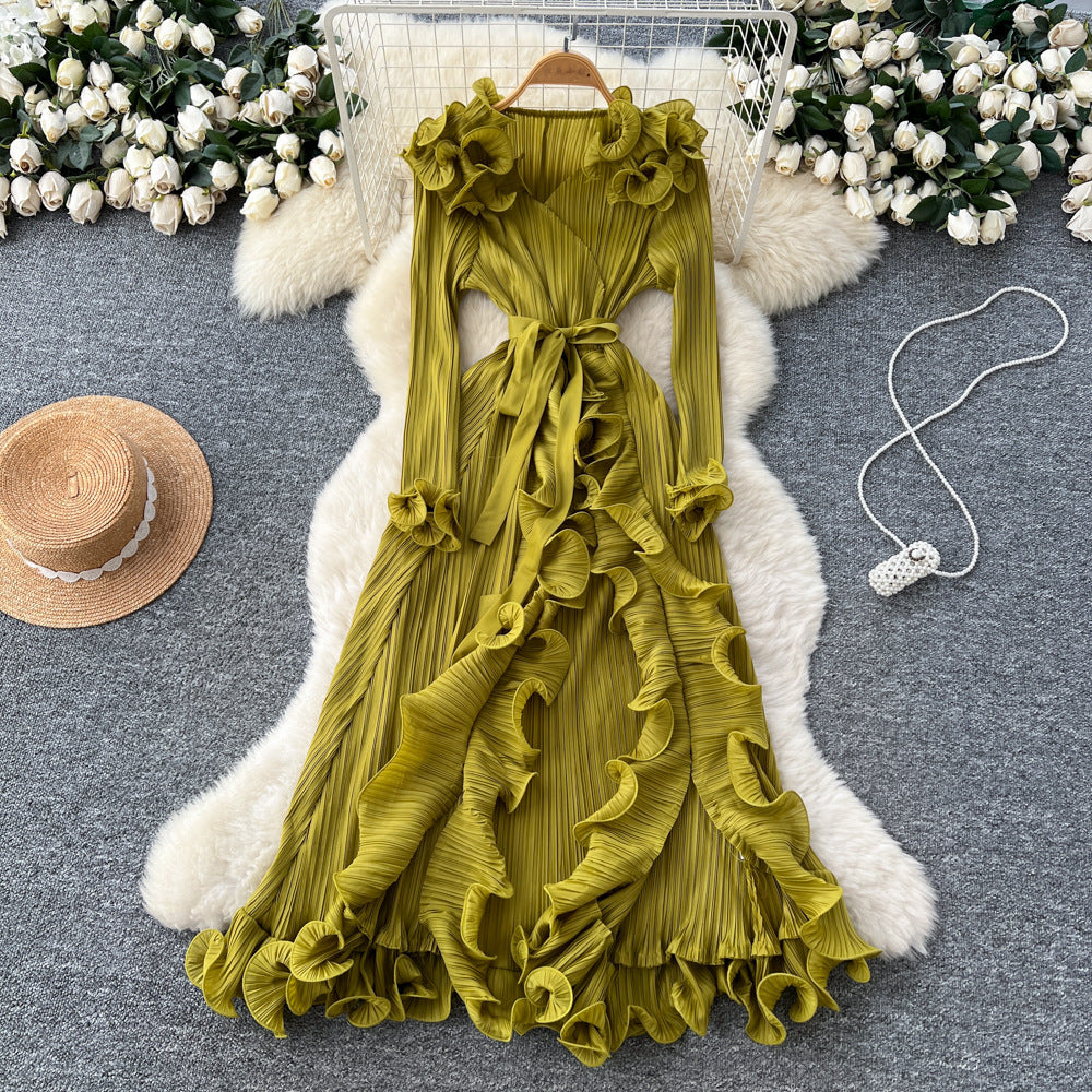 European and american niche style 3d ruffle trim tie-waist long sleeve pleated maxi dress with slit