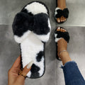 New cow print plush slippers for women - amazon cross-border casual bowknot fuzzy slippers - wholesale indoor slippers