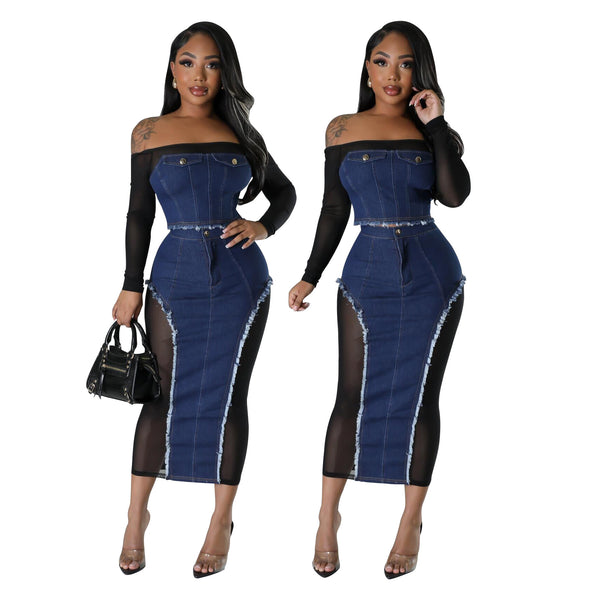 YZ1356 European and American  women's clothing  fashion mesh denim splicing perspective tube top skirt two-piece set
