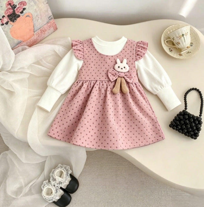 Girls' dress - spring/autumn  new collection - korean style polka dot princess dress with bunny long sleeves