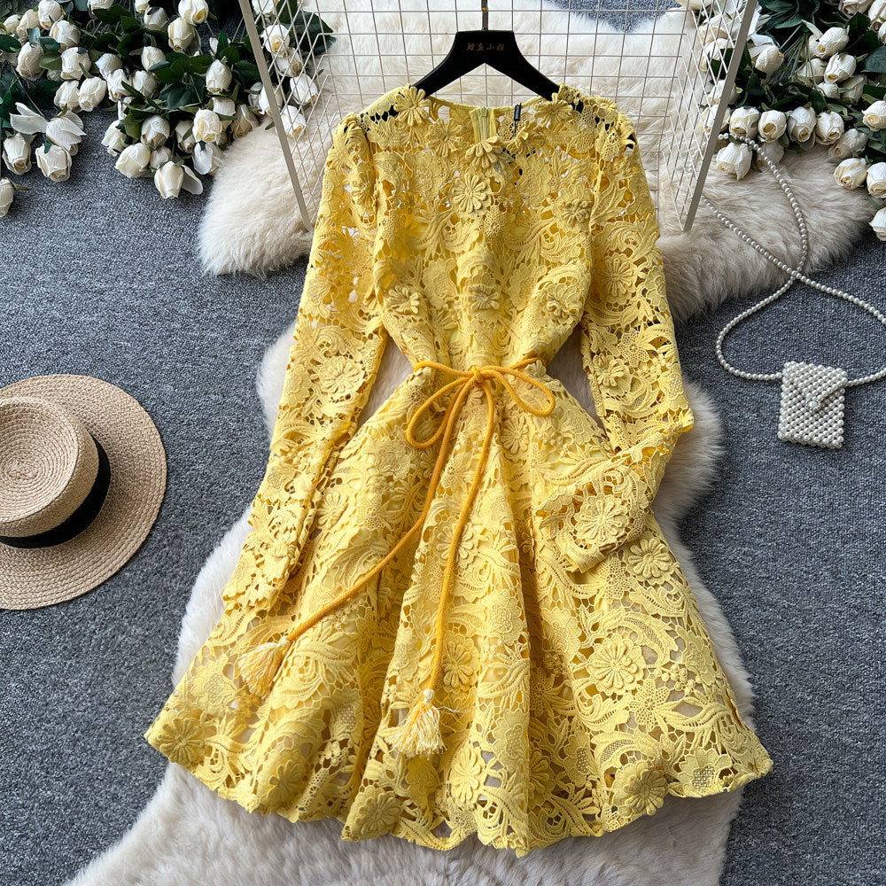 French-style heavy lace cutout bodycon dress - women's summer long sleeve slimming a-line dress - soft & elegant