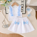 Girls' color block mesh sleeveless tank top and pleated skirt two-piece set - summer kids' 3d bowknot casual outfit