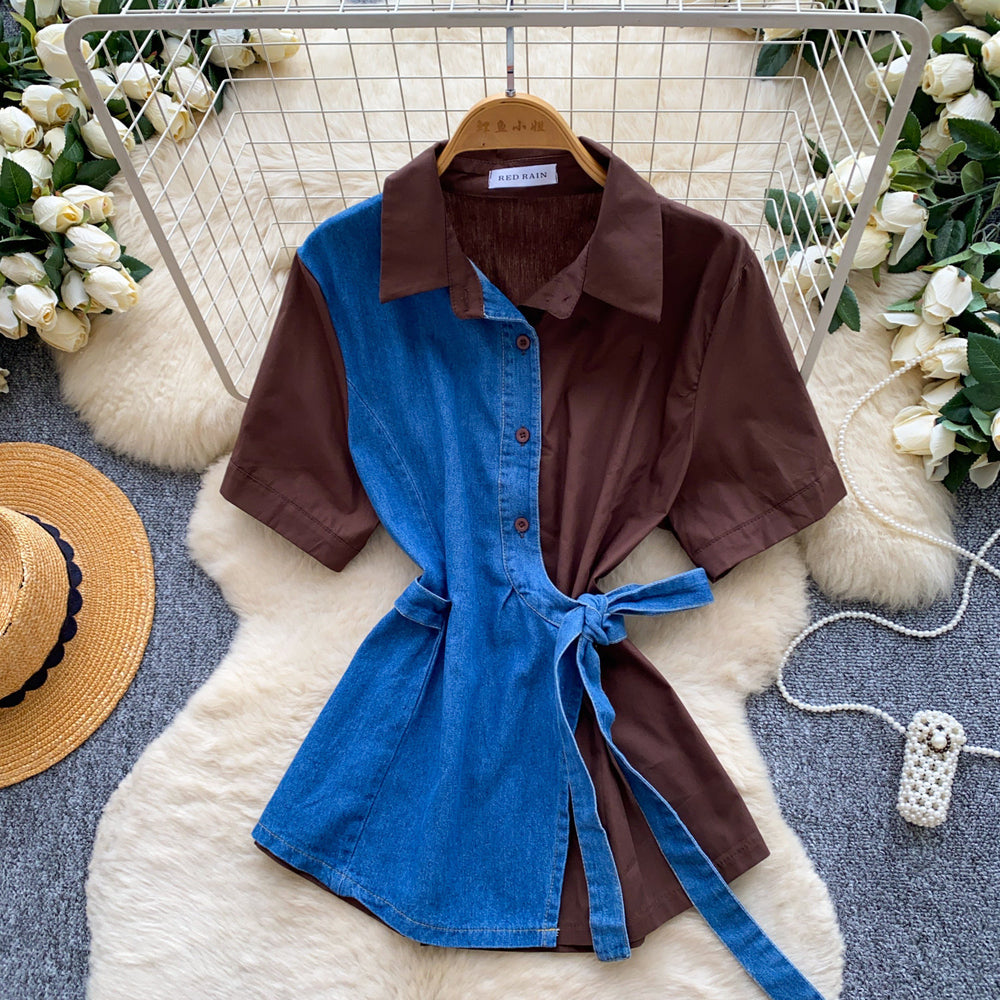 K-stylepatchworkcomfortable breathable waist-cinching denim shirt for women, light and mature style, tie backslimming look, easiest for match style tops