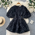 French court style v-neck lantern sleeve 3d floral dress - women's elegant a-line dress with cinched waist, princess style