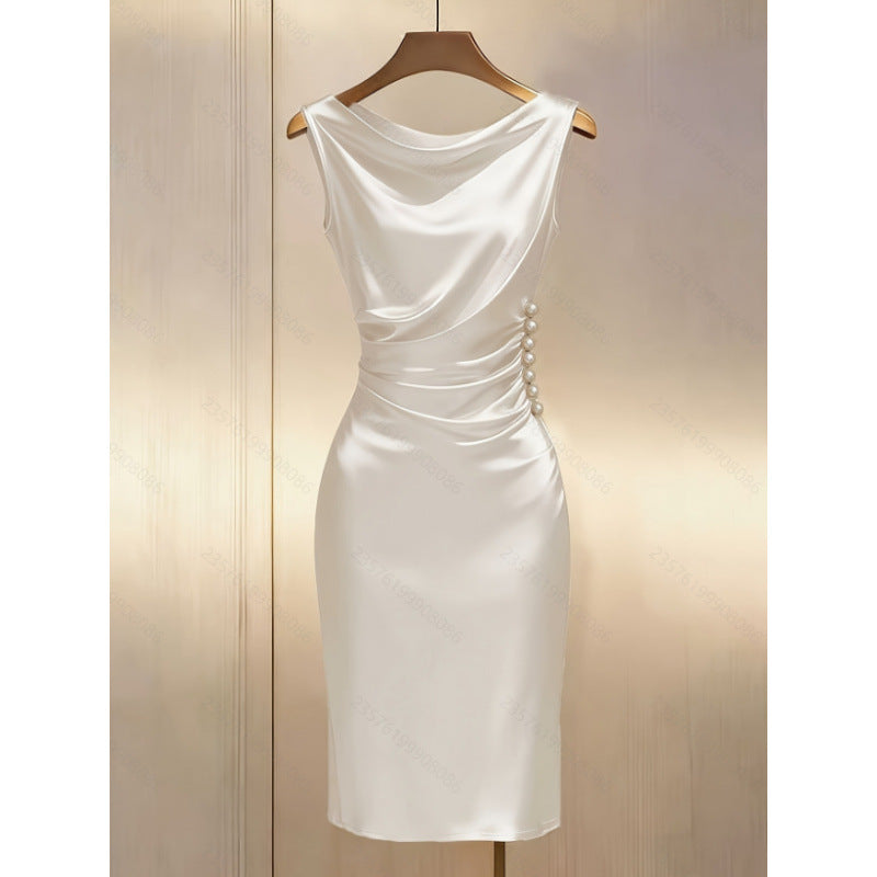 Women's new summer french chic elegant satin sleeveless slim-fit midi dress - perfect for going out and dating