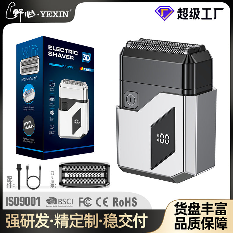 men's electric shaver - digital display, mini reciprocating, magnetic attachment, triple blade head, portable razor