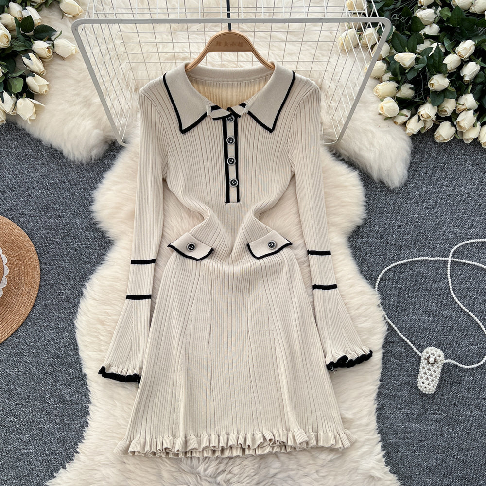 new arrival: women's elegant slim-fit knit dress with ruffle trim, button detail, and collared neckline