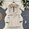 new arrival: women's elegant slim-fit knit dress with ruffle trim, button detail, and collared neckline
