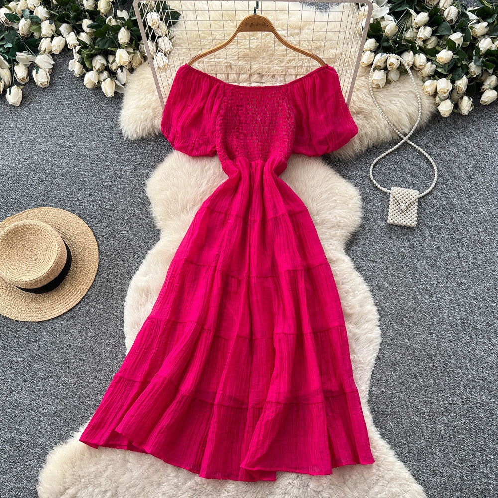 French chic off-the-shoulder bubble sleeve a-line dress - women's summer slimming, figure-flattering, elegant vacation maxi dress
