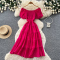 French chic off-the-shoulder bubble sleeve a-line dress - women's summer slimming, figure-flattering, elegant vacation maxi dress