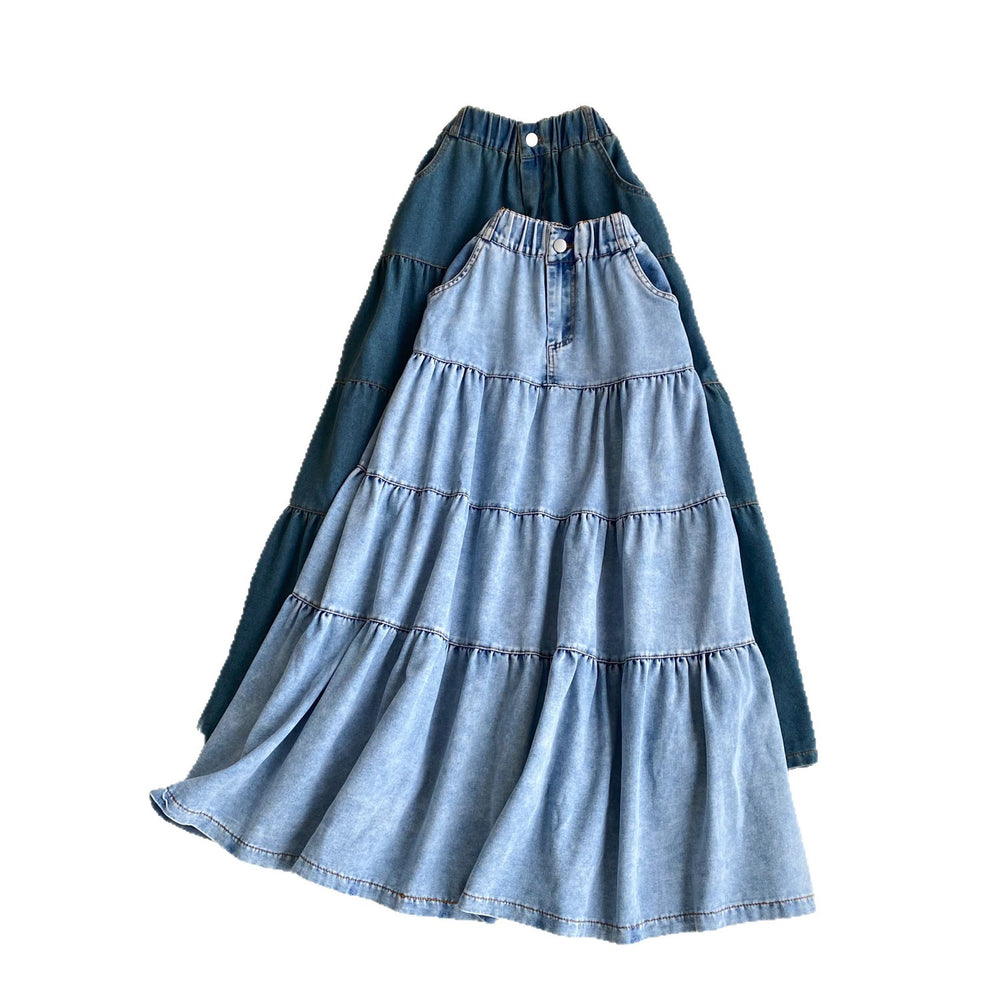 K-style denim a-line fashioneasiest for match skirt women's summerhigh waistslimming look elastic waist cake skirt long skirt work clothing