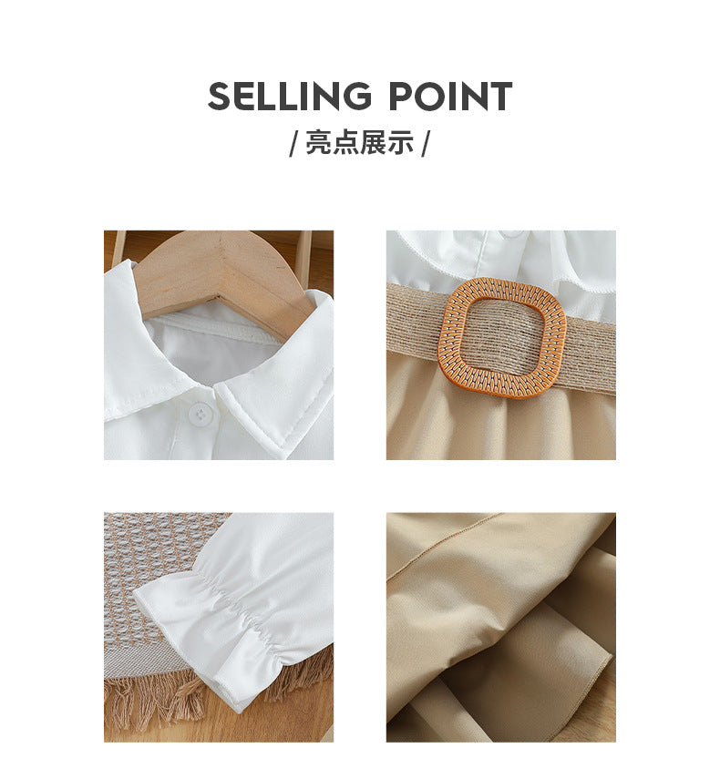 Exportgirldress white shirtpatchworkkhaki cake skirtfake two-pieceruffles beltkids long skirt