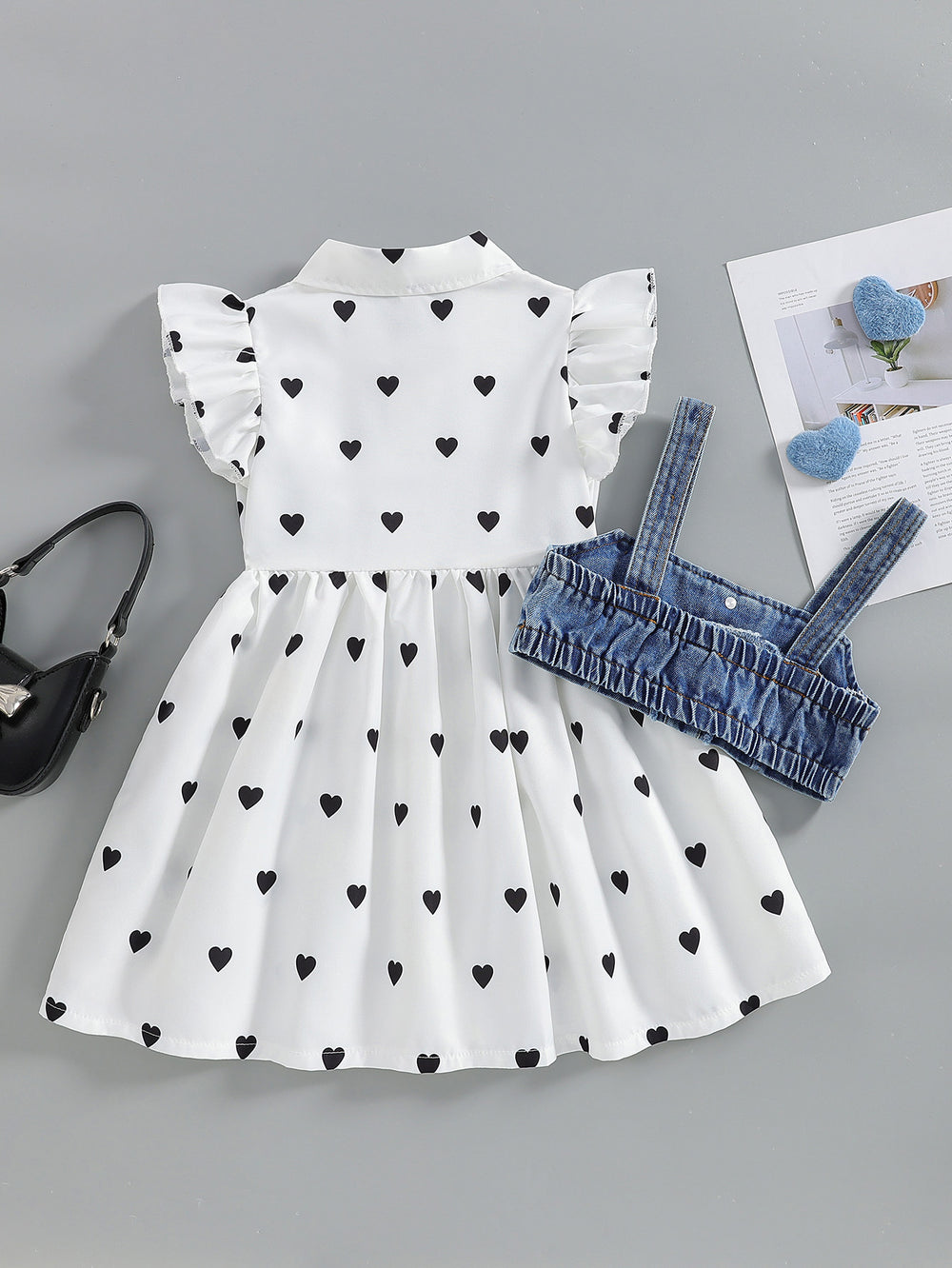 new product girl fashion polka dot small flying sleeve petticoat fringe denim camisole suittwo-piece set