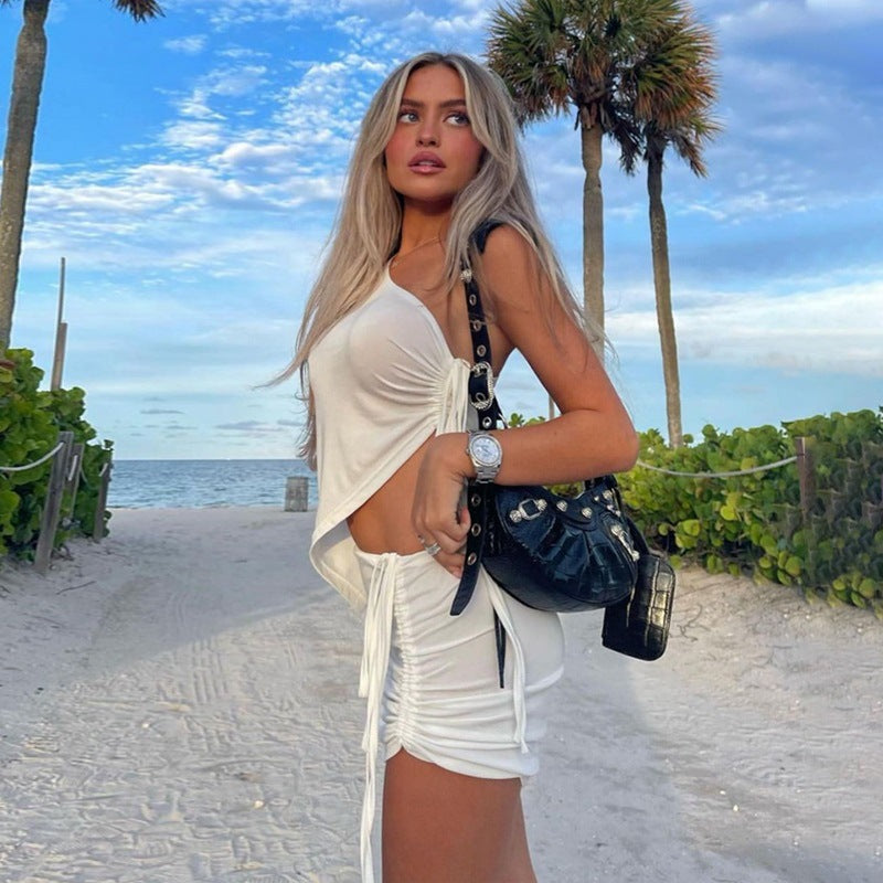 Exportfashionins style niche stylefashionsummersuit one shouldersense of design vest ruched short skirttwo-piece set for women