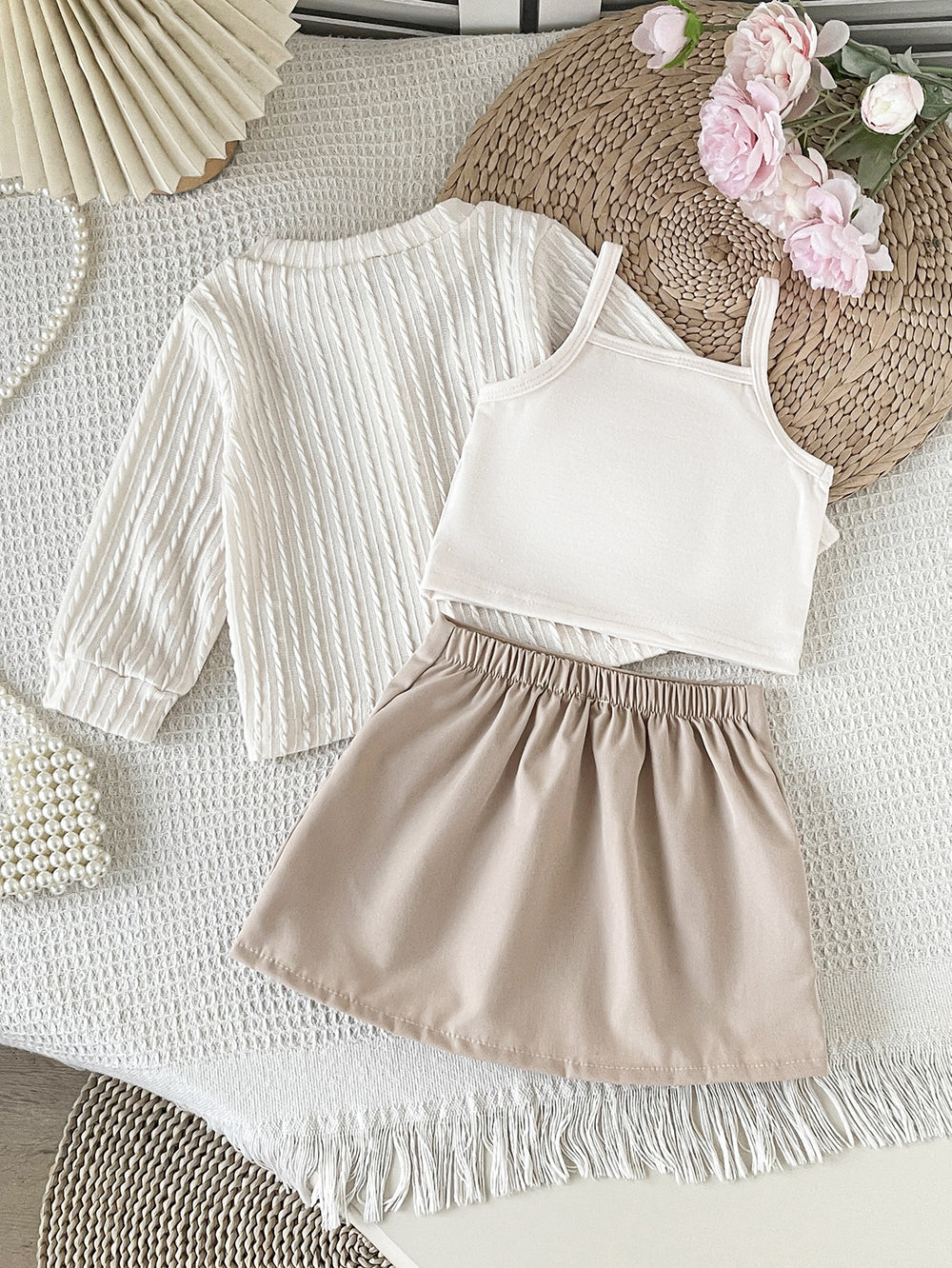 cross-border korean style girls' & toddler's preppy bow cardigan solid color camisole + a-line pleated skirt three-piece set
