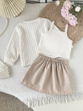 cross-border korean style girls' & toddler's preppy bow cardigan solid color camisole + a-line pleated skirt three-piece set