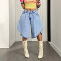 European and american jeans women's light blue washed high waist pleated asymmetrical raw edge wide leg cropped jeans cross-border loose