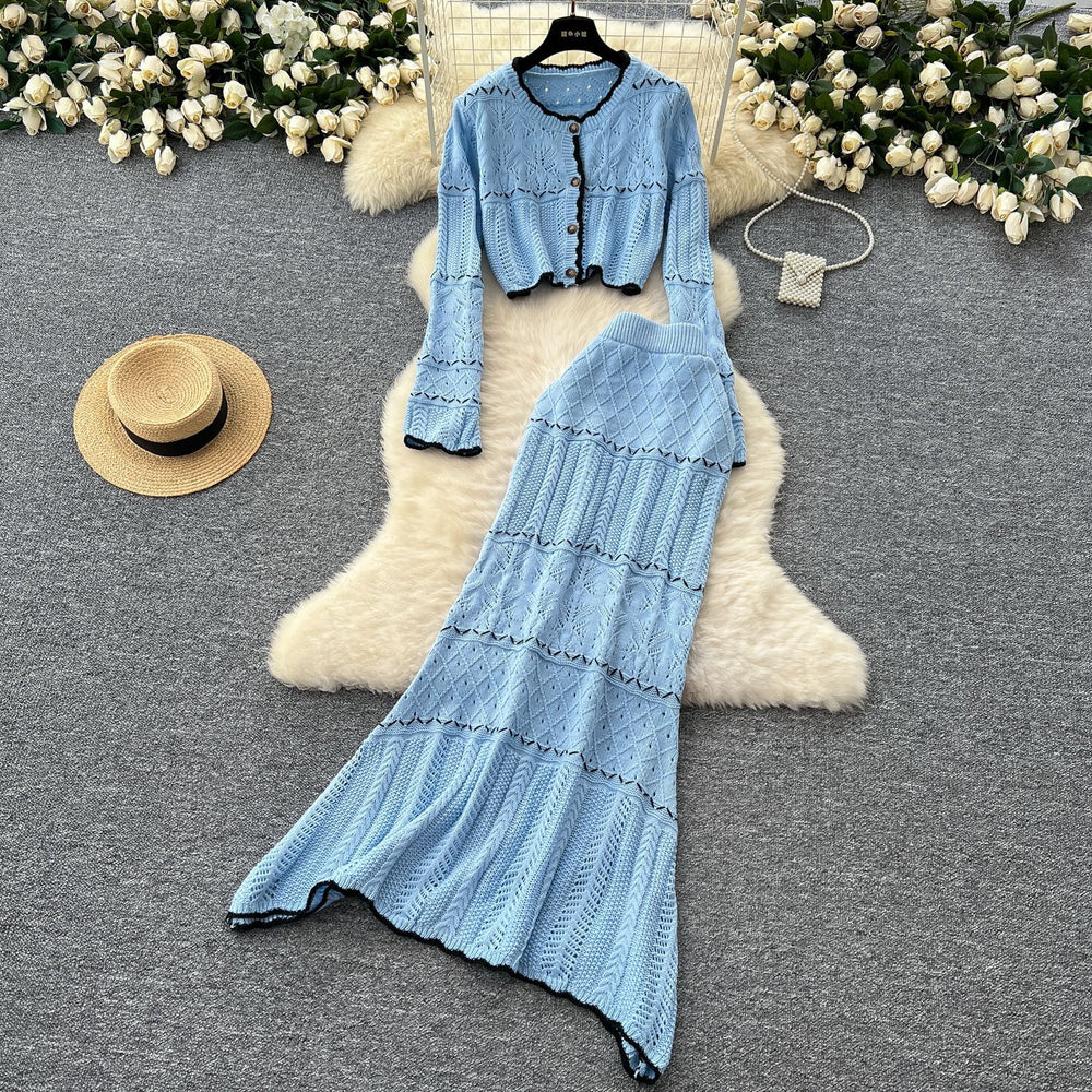 Autumk-styleelegantcontrast colorround neckshortknittingcardiganfishtail skirtcut outcrochetknittingtwo-piece set