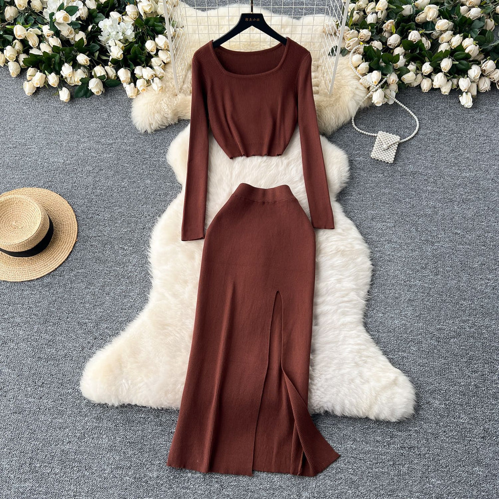 Autumn outfit set: women's chic & sexy short square neck long sleeve knit top with slit slim-fit bodycon midi skirt
