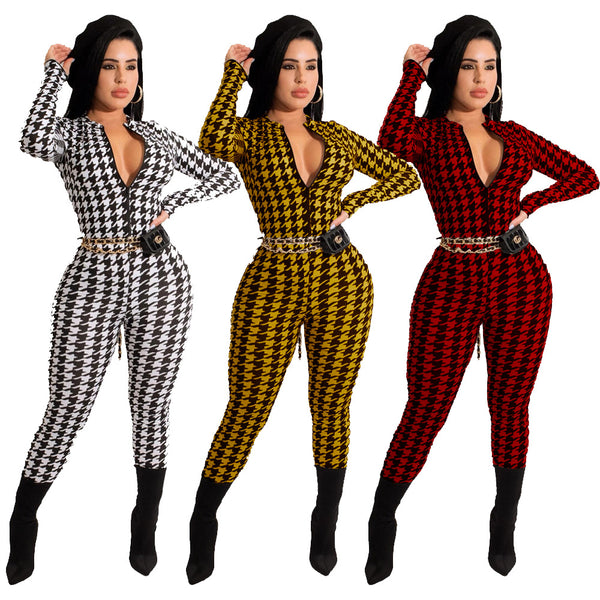 MM2157 European and American autumn and winter women's clothing features thousand bird plaid printing crew neck zipper jumpsuit women's casual pants