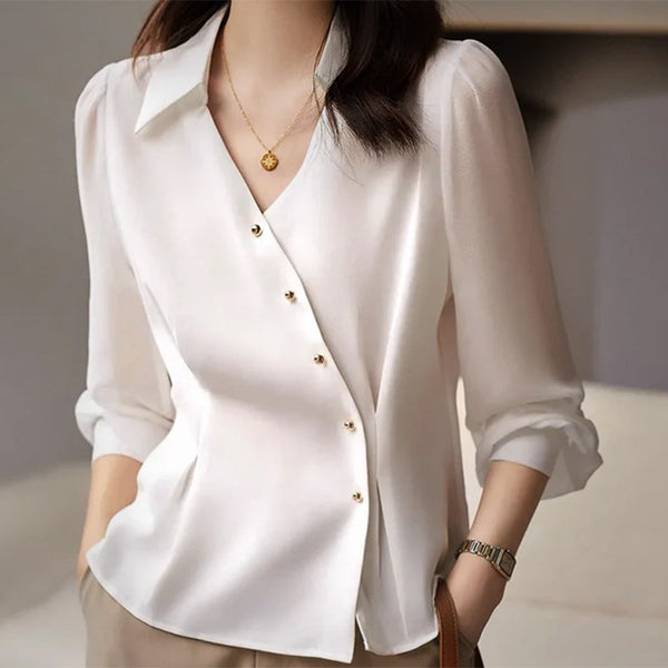 Ruimu   women's clothing European and American light and ripe satin long-sleeved shirt 2025 autumn solid color cardigan shirt women