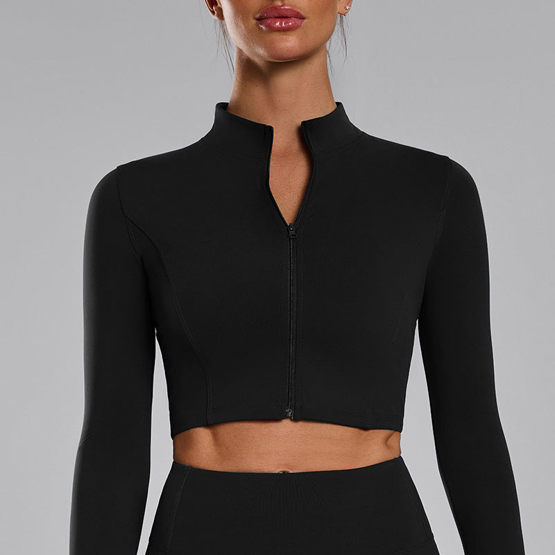 European and American  stand-up collar zipper cardigan long-sleeved thumb hole sportswear slim-fit nude yoga clothes long-sleeved women's autumn and winter