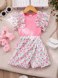 Girls' two-piece set: floral double-layer ruffle ribbed top + floral shorts, embroidered for young children