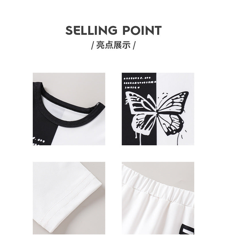 girls' sweatshirt set - black and white color block with butterfly and letter print, trendy skirt, kids' autumn two-piece outfit