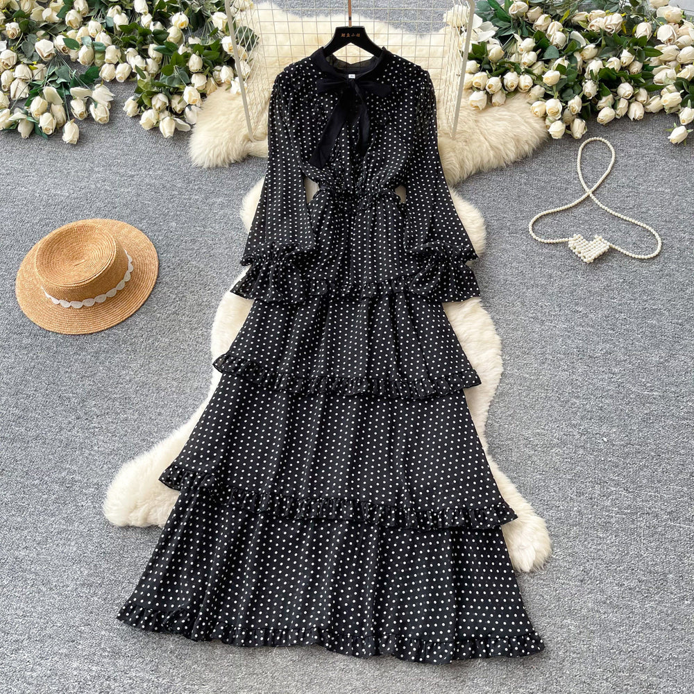 French sweet polka dot long sleeve tiered dress - women's autumn bow ruffle cake dress - unique designer style