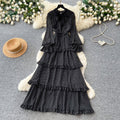 French sweet polka dot long sleeve tiered dress - women's autumn bow ruffle cake dress - unique designer style