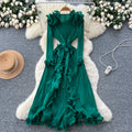 European and american niche style 3d ruffle trim tie-waist long sleeve pleated maxi dress with slit