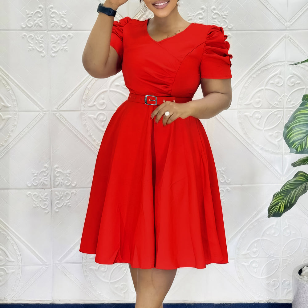 C8616  foreign trade women's fashion pleated elegant v-neck swing dress - cross-border african style dress