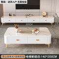 Coffee table and tv stand set - snow mountain white rock slab + white cabinet with gold airplane legs, 140+200 cm