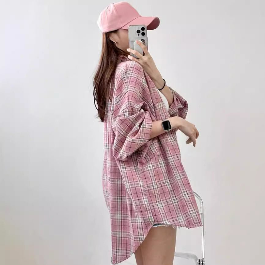 European and american cross-border  spring versatile commute collared long-sleeve loose fit designer plaid pocket women's blouse